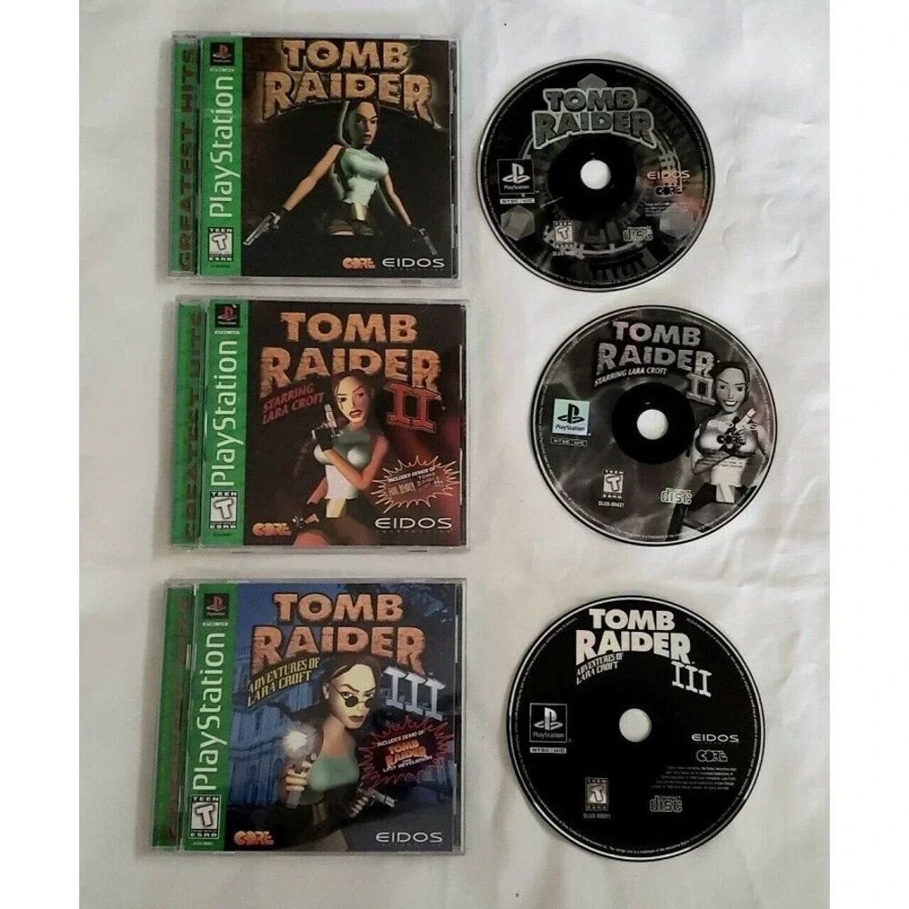 Sony PlayStation 1 PS1 Console TOMB RAIDER 1-2-3 & 2 Controllers & Game Bundle